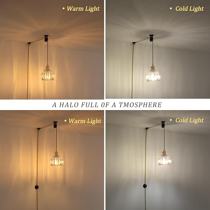 Plug in Pendant Light Hanging Light Fixture Corded On/Off Switch Brass Pendant Light with Amber Tulip Glass Lampshade for Bedroom Living Room Kitchen Island
