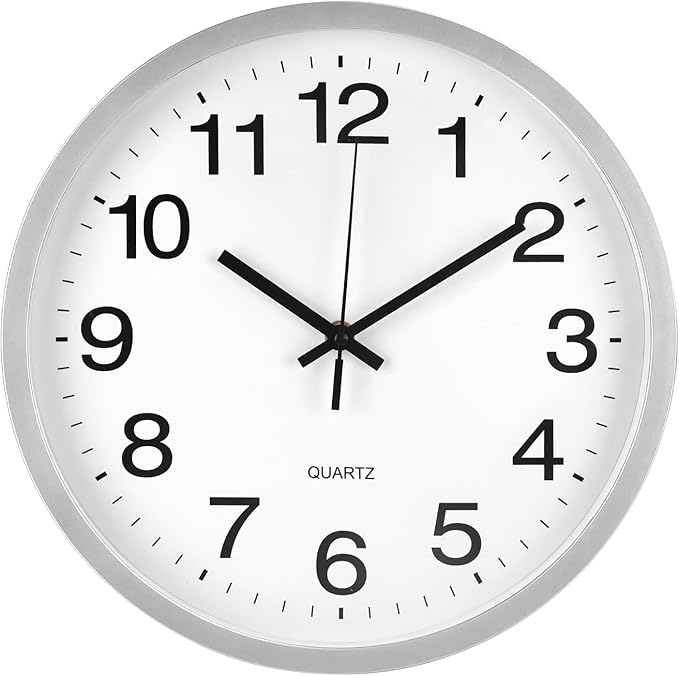 Wall Clock Modern Simple Style Round Plastic Decor Clock Non-Ticking Silent Quartz Movement Wall Clocks for Home/Office/School/Living Room/Bedroom/Kitchen (Silver, 12 Inch)