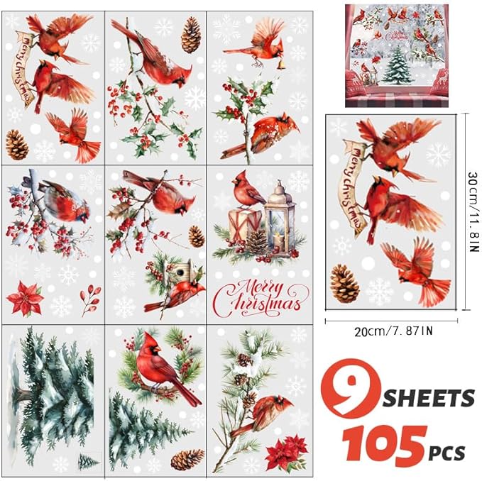 Christmas Winter Birds Window Clings 9 Sheets, Xmas Red Cardinal Pine Tree Static Window Stickers Decals Decorations for 2026 New Year Christmas Holiday Party Home Glass Windows Door Decor