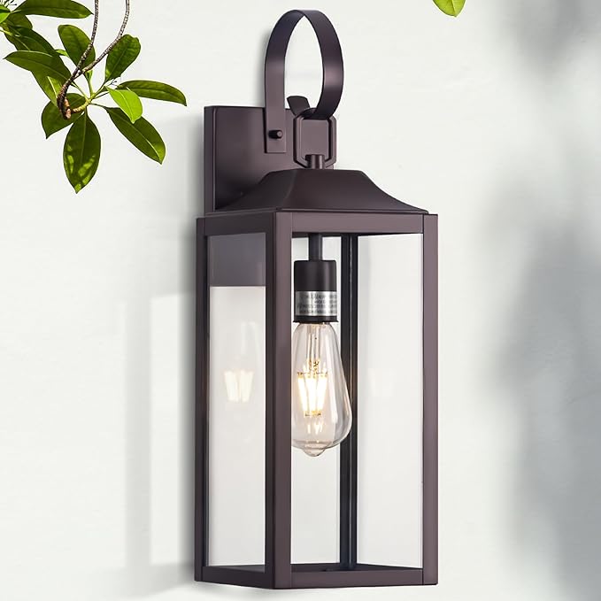 Large Bronze Outdoor Wall Lantern 19", Outside Farmhouse Wall Sconce Light Fixture Oil-Rubbed Bronze, Industrial Wall Mount Light Waterproof, Modern Porch Lighting Exterior Lamp for House