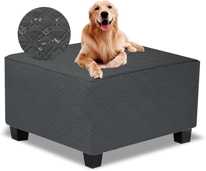 Ottoman Cover Square,Waterproof Square Ottoman Covers Thick Slipcover for Living Room,Washable Storage Footstool Furniture Protector for Dogs,Pets,Charcoal Grey,Medium
