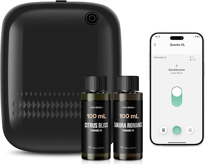 Airversa Waterless Essential Oil Diffuser (400 mL Capacity) Starter Kit 200mL Fragrance Scent Oil, Up to 2000 sq ft Aromatherapy Smart Scent Air Machine for Home, Large Room, Office, ANW Black Kit