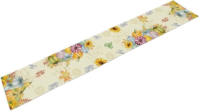 Fall Table Runner Watercolor Pumpkins Sunflowers Maple Leaves Baroque Floral Birds Country Thanksgiving Home Decor for Farmhouse Indoor Outdoor Party Holiday Dining Kitchen Restaurant Cafe W13xL36in