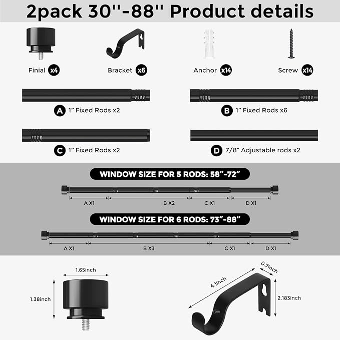 Curtain Rods 2 Pack for Windows 48 to 84 Inch(4-7 Feet), Black 1'' Diameter Heavy Duty Adjustable Window Drapery Rod Set of 2, Modern and Simple Decorative End Cap Finish, Size 36''-88''
