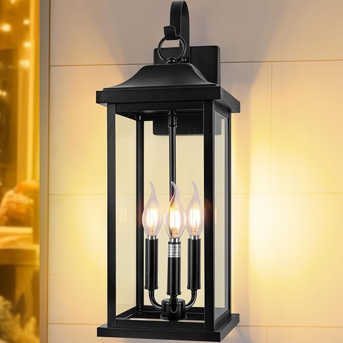 23” Extra Large 3-Light Outdoor Light Fixture 1-Pack, IP65 Waterproof Exterior Light Fixture with Clear Tempered Glass Modern Outside Wall Mount Lamp Matte Black Front Porch Lantern, E12