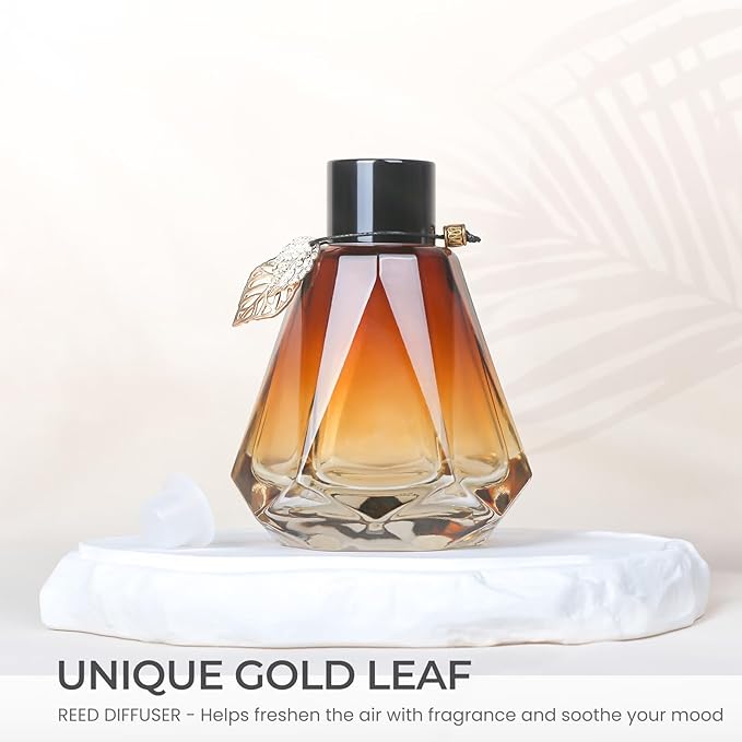 Reed Diffuser Set - 4 Empty Bottles With 20 Sticks, Delicate Gold Leaf Decor, Glass Fragrance Diffuser With Lids for Home, Bathroom | Refillable, Diamond Style Black