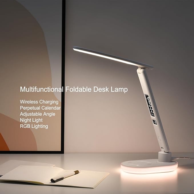 Multi Functional Table Lamp U20 White,Multifunctional Foldable Desk Lamp with Wireless Charging, Perpetual Calendar Display, Adjustable Angle, Night Light, and RGB Lighting.