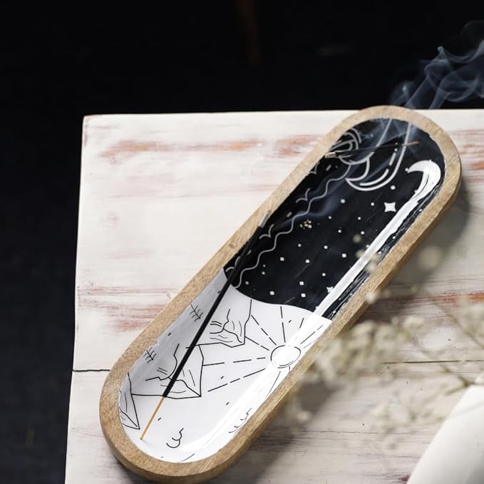 The Art Box Hand-Painted Incense Burner Holder White Black - 12x4x1 inch Wooden Long Incense Stick Tray Holder for Modern Gift, Ash Catcher Incense Stick Holder - Meditation & Yoga
