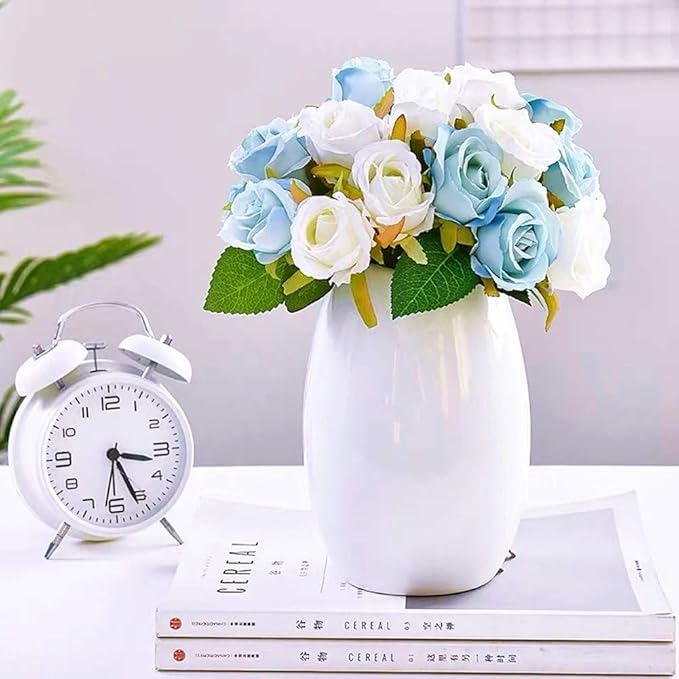 Jasion Artificial Roses Flowers 12 Heads Arrangement Silk Bouquet for Home Office Parties Bridal and Wedding Decoration (Blue and White)