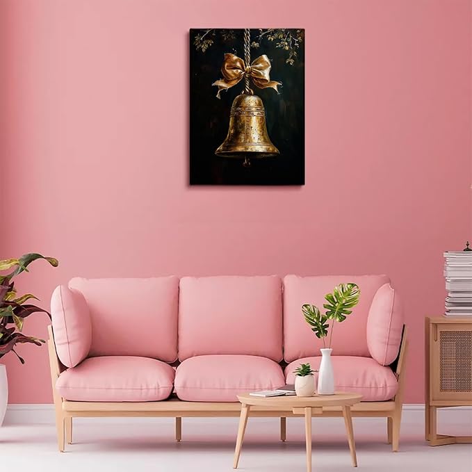 Vintage Gold Bell Christmas Painting - Dark Academia Festive Print, Moody Holiday Wall Art, Cottage Core Xmas Bow Poster, Vertical Print, Home Decor - 16x24 Inch Framed Art