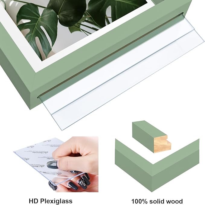 Egofine 8.5x11 Floating Frames Set of 2, Double Plexiglass Picture Frame, Made of Solid Wood Display Any Size Photo up to 8.5x11, Wall Mount or Tabletop Standing, Green