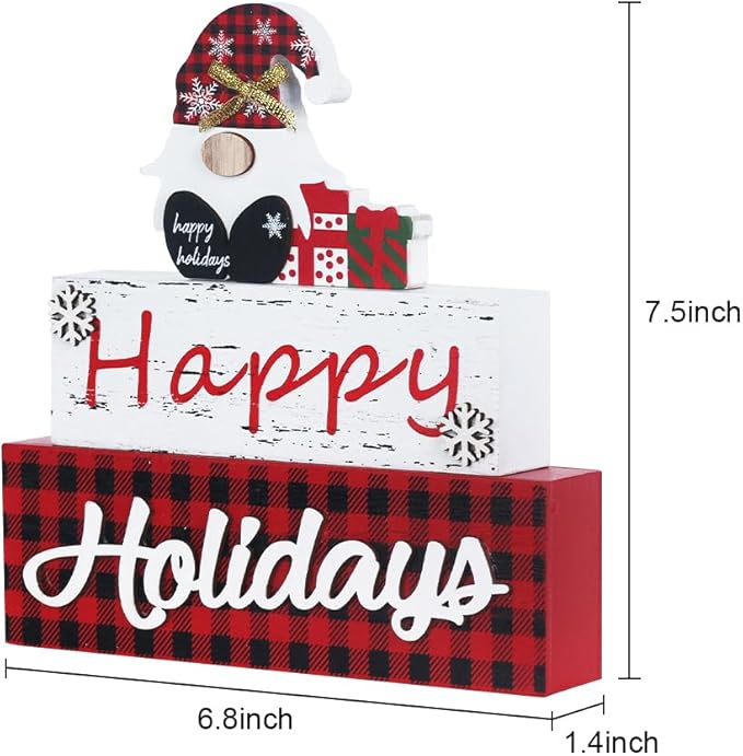 MEETYAMOR Christmas Decor, Large Size 3-Layered Gnome Wood Block with Happy Holidays Sign Christmas Table Decor, Farmhouse Rustic Xmas Decorations Indoor for Home, Mantle, Shelf, Living Room