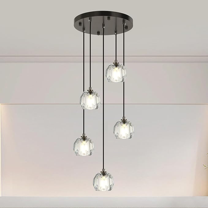 Modern Black Hanging Lights, Round LED Crystal Pendant Lights Fixtures, Raindrop Farmhouse Chandeliers for Dining Room Kitchen Island Living Room