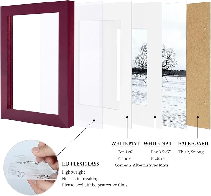 Egofine 5x7 Picture Frames 4 Pack Covered by Plexiglass for Picture 4x6 with Mat or 5x7 whitout Mat Made of Solid Wood for Table Top Display and Wall Mounting Photo Frame, Cherry Red