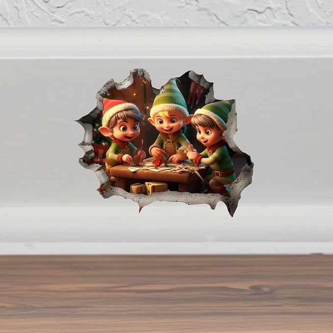 Santa's Elves Hole in Wall Christmas Art Sticker - Funny 3D Prank Peel and Stick Decal - Premium Quality Vinyl Stickers 2-Pack | 5-Inch on Widest Side | Made in USA FHJ1380
