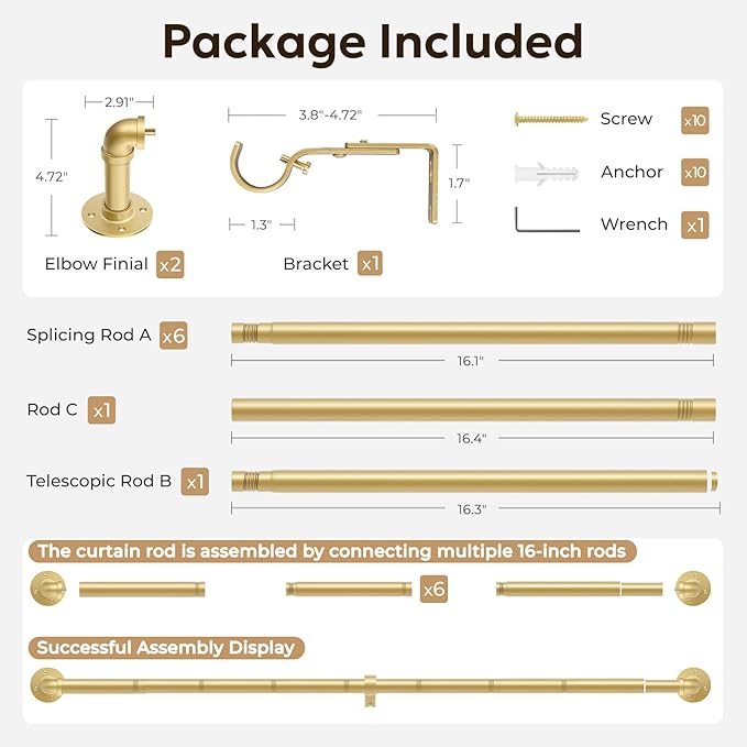Zeerobee Curtain Rods for Windows 66 to 120, 1 Inch Industrial Wrap Around Curtain Rod, Indoor/Outdoor Room Divider Adjustable Drapery Pole, 66"-120", Gold
