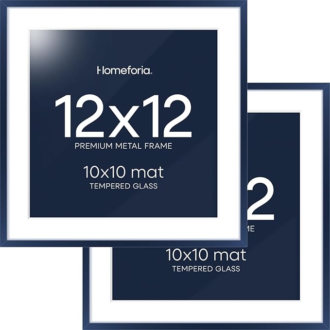 Homeforia 12x12 Picture Frame Navy Blue, High End Metal 12 x 12 Square Poster Frame with Mat 10 x 10 Photo, 12x12 Frame Matted to 10x10 Print, 12by12 Hanging Frames, Tempered Glass, Wall Kit, Set of 2