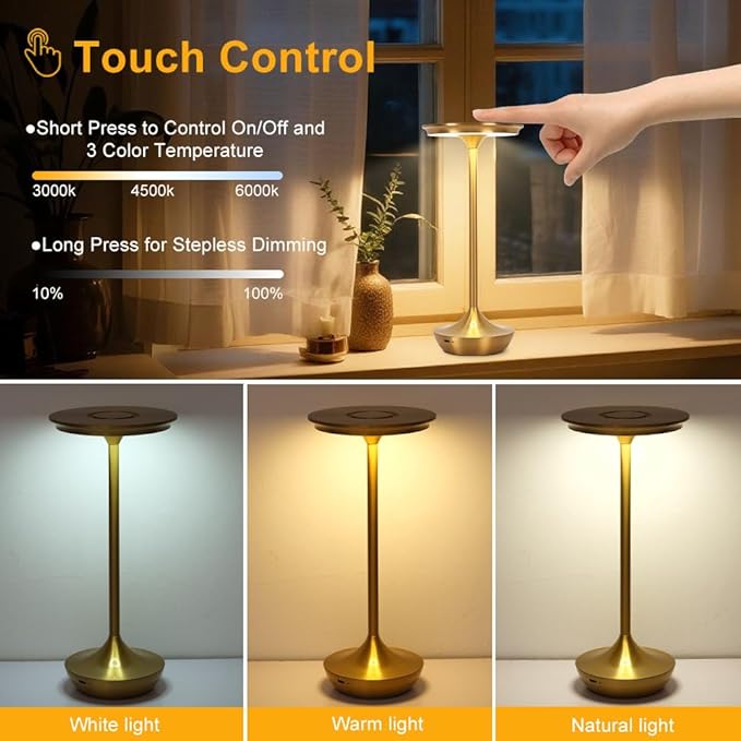 2 Pack LED Rechargeable Cordless Table Lamps,Portable Outdoor 6000 mAh Battery Operated Table Light Touch Control 3 Color Dimmable Waterproof for Patio/Cofee/Restaurant/Camping/Dining/ Bedroom-Gold