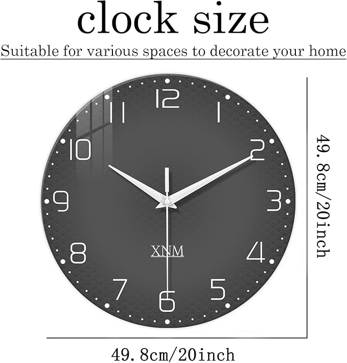 XNM Large Decorative Clocks Battery Operated 20 Inch Dark Grey Wall Clock for Office Round Non Ticking Wall Clock Silent