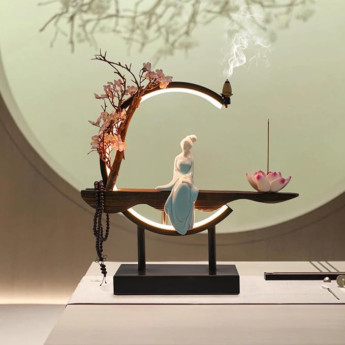 Backflow Incense Burner, Chinese Style Peach Blossom Incense Holder with LED Light, Ceramic Incense Cone Burner Home Decor for Office/Living Room