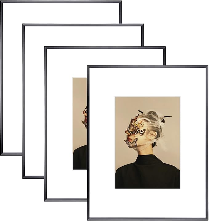 8.5x11 Picture Frame Set of 4, Matted Black Simple Modern Brushed Thin Aluminum Metal Photo Frame Fits 5x7 with Mat or 8.5 x 11 without Mat . Vertical and Horizontal for Tabletop and Wall