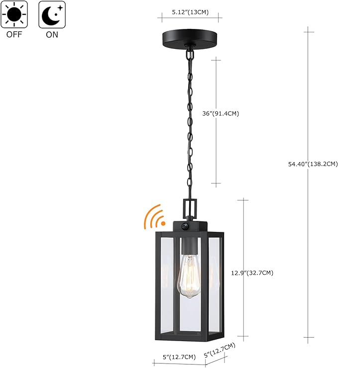 13 Inch Outdoor Pendant Light Dusk to Dawn Hanging Porch Light for Entrance Front Door Photocell Pendant Lights for Porch Dusk to Dawn Hanging Lantern Steel and Glass,E26
