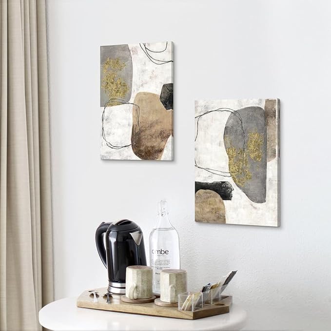 Modern Abstract Canvas Wall Art: Neutral Gray Brown Black Color Block Picture Minimalist Lines Painting Geometric Aesthetic Artwork for Bedroom Living Room Home Office 11" x 16" x 2 Panel