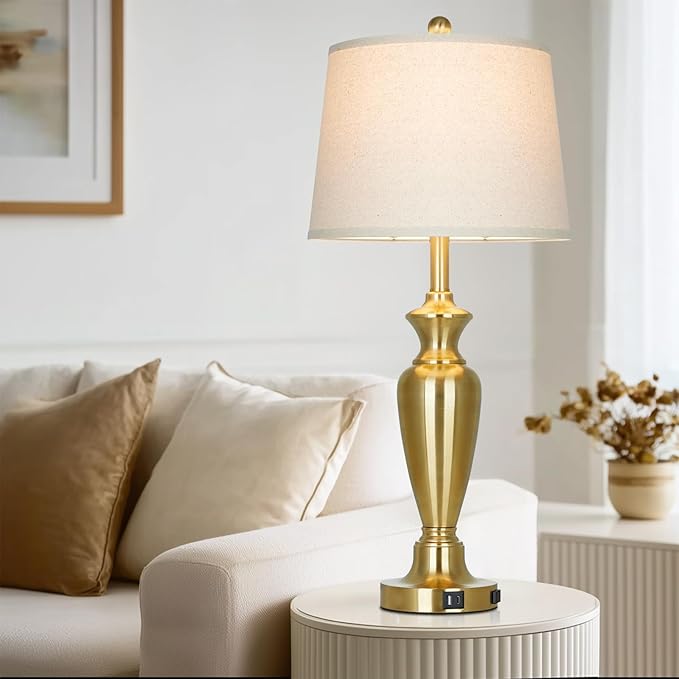 30" Tall Gold Table Lamps Set of 2 for Living Room, Touch Control Bedside Lamps for Nightstand, 3-Way Dimmable Bedroom Table Lamp with USB A+C Ports and AC Outlet (2 LED Bulbs Included)