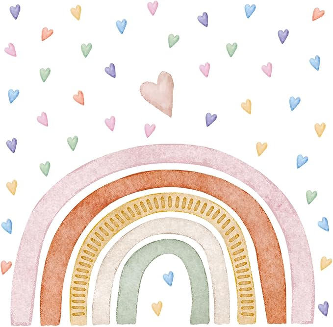 Large Rainbow Wall Decals, Peel and Stick Watercolor Pink Rainbow Wall Stickers, Multicolor Colorful Hearts Wall Decor for Girls Bedroom Nursery Classroom Playroom Living Room