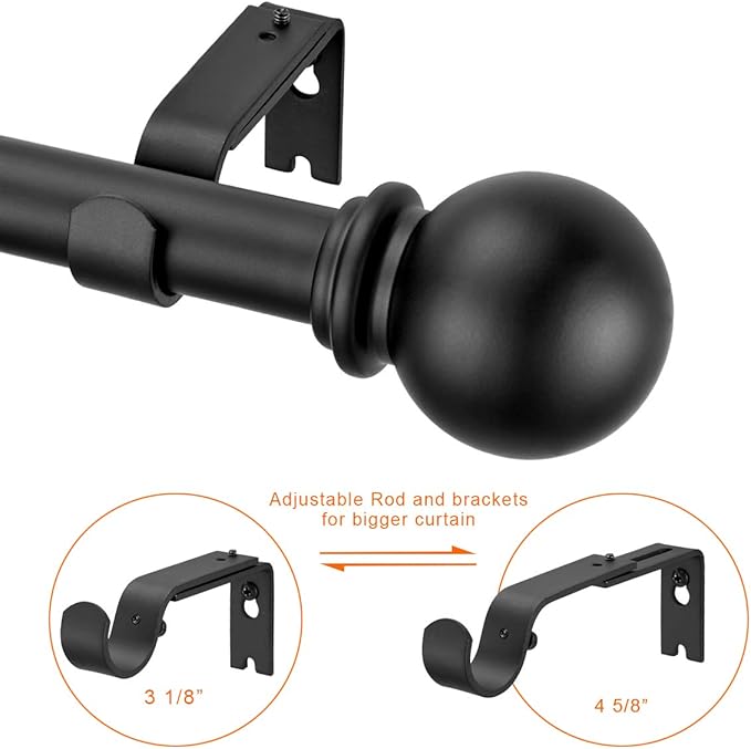 YunNephele Adjustable Window Curtain Rods 36-72 inches Matte Black, Classic Ball Finial Design Curtain Rod Set, Single Metal Iron Drapery Rod, 1 inch Heavy Duty Curtain Rod