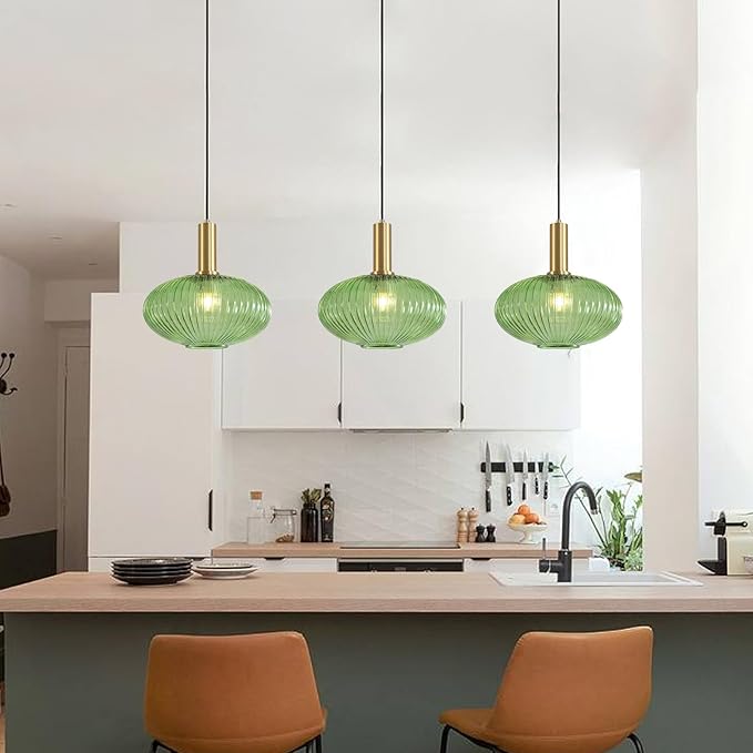 KCO Lighting Modern Gold Pendant Lights Kitchen Island Lighting Large Green Glass Globe Pendant Light Brass Dining Room Hanging Light Fixture Vintage Ribbed Ceiling Light