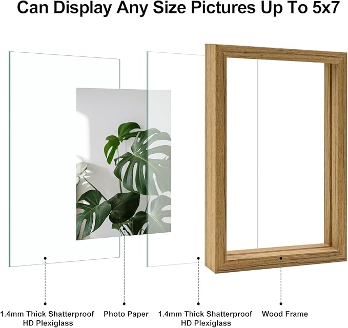 Egofine 5x7 Floating Frames Set of 2, Double Plexiglass Picture Frame, Made of Solid Wood Display Any Size Photo up to 5x7, Wall Mount or Tabletop Standing, Carbonized