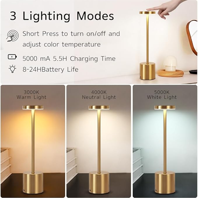 Rechargeable Cordless Table Lamp,Portable Outdoor 5000mAh Battery Operated LED Table Light Touch Control 3 Color Dimmable for Bedroom,Patio,Cofee,Camping,Dining,Restaurant&Livingroom-Gold