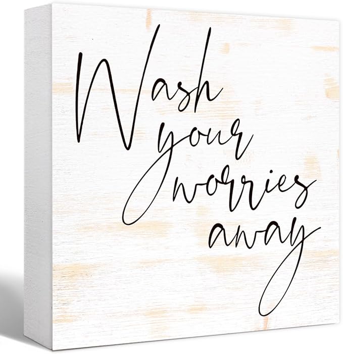 Funny Rustic Wood Sign - Wash Your Worries Away - Wood Block Sign for Shelf, Toilet, Restroom, Home, Tabletop, Desk Decor - Farmhouse Bathroom Wooden Box Sign