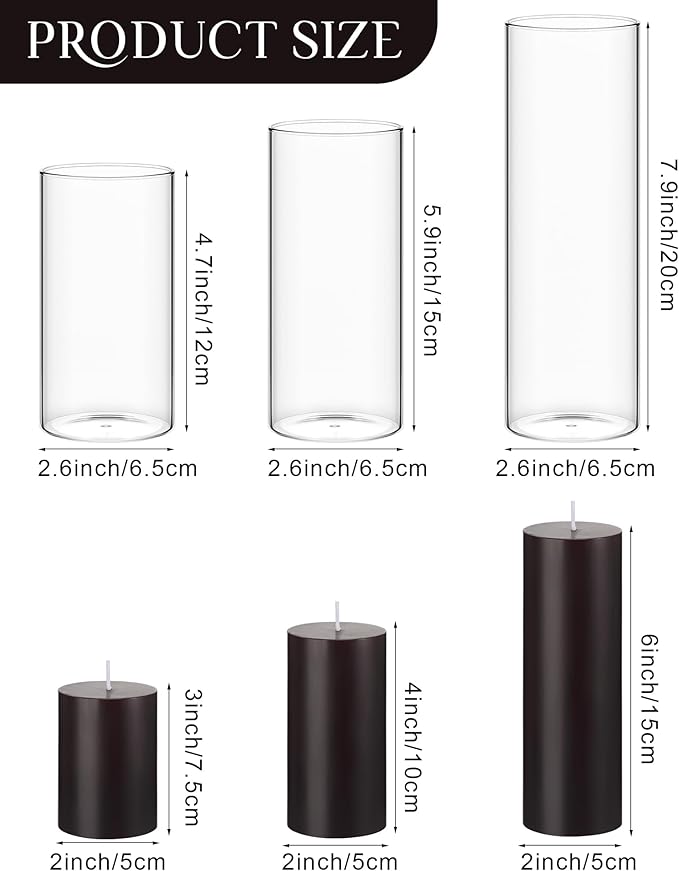 Shihanee Set of 3 Pillar Candles and 3 Glass Cylinder Candle Vases Holders Clear Pillar Jars for Wedding Centerpieces(2.6'' X 4.7'', 5.9'', 7.9'',Black)
