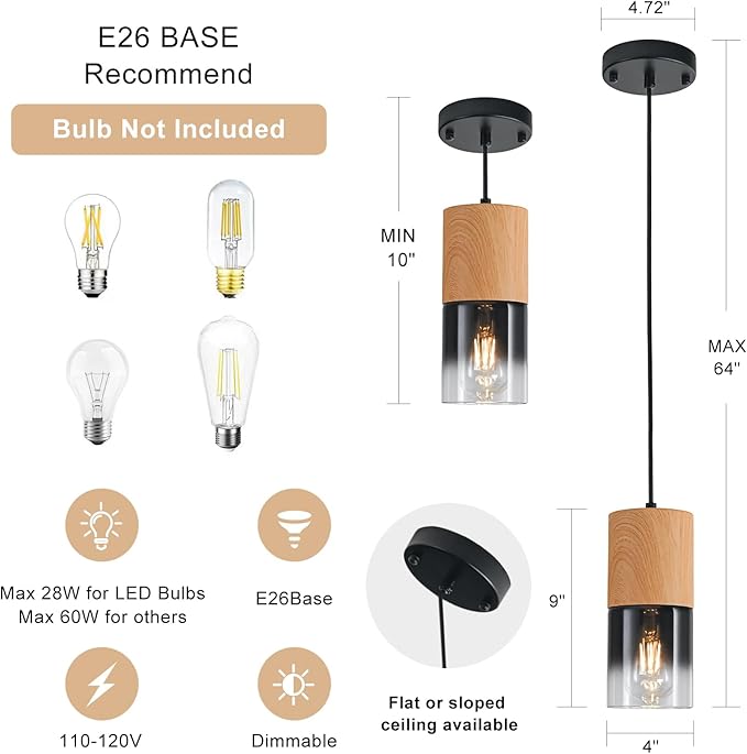 Modern Pendant Lights for Kitchen Island, Adjustable Black Pendant Light Fixtures with Raw Wood Grain, Industrial Glass Pendant Lights for Dining Table Hallway Bedroom Living Room,1 Pack