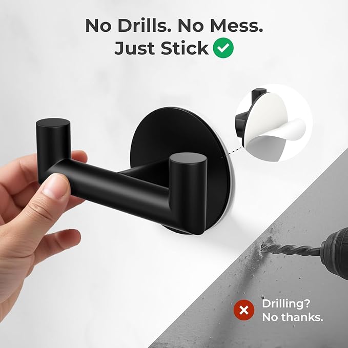 2 Pack Black Bathroom Hooks for Towels - Self Adhesive Double Hooks for Wall, No Drilling, Matte Finish, Strong Hold for Robes, Coats, Shower Use