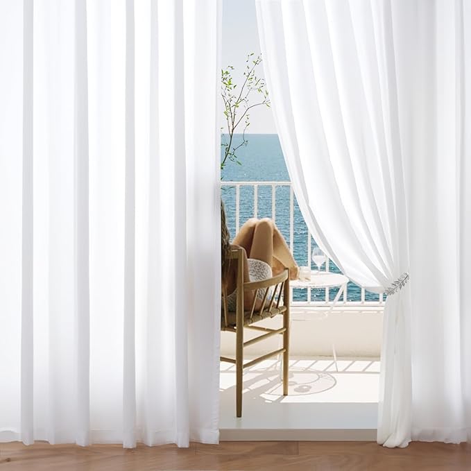 EMEMA White Privacy Sheer Curtains 84 Inches Long 2 Panels Set, Non-See-Through Light Filtering Semi Sheer Curtains for Bedroom Living Room, Window Drapes That Let Light in, 52x84 Inch