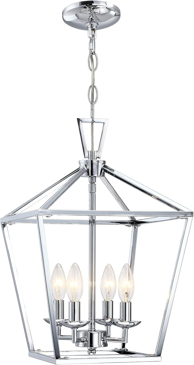 Untrammelife 4-Light Lantern Pendant Light Chrome Modern Hanging Pendant Light Fixtures with Adjustable Chain Metal Cage Dimmable Geometric Chandelier for Kitchen Island Foyer Hallway, 12Inch