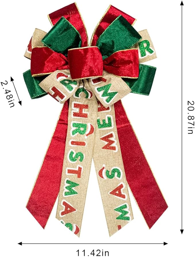 On-Airstore Large Christmas Wreath Bows, Christmas Words Velvet Ribbon Bows for Wreaths, Large Tree Topper Bows for Christmas Home Garden Indoor Outdoor Party Decoration Wreath Ornament Supplies