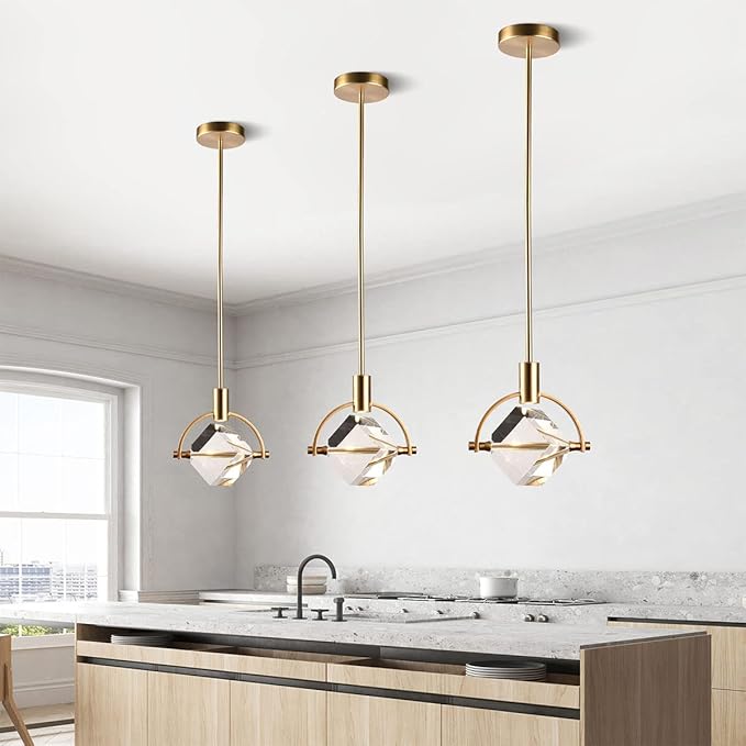 Brass Pendant Light, Cube Crystal Pendant Light Fixture for Kitchen Island, Modern Small Pendant Ceiling Dimmable Light for Dining Room, Vanity Pendant Haging Light for Bedroom