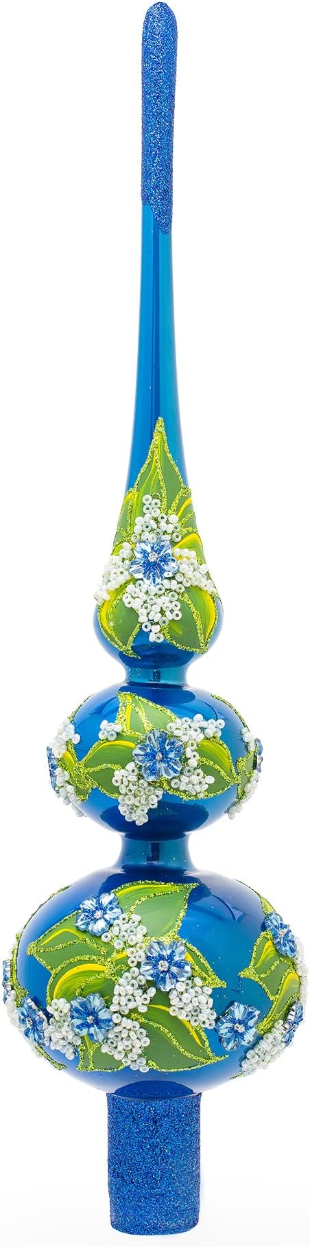 Blue Flowers on Glossy Blue Mouth Glass Christmas Tree Topper 12.5 Inches