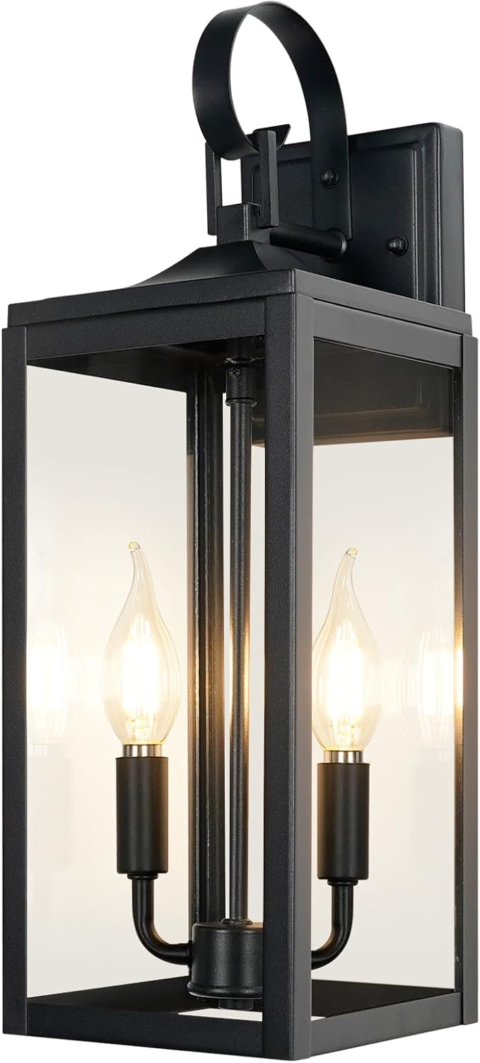 OKELI 17.6" Black Outdoor Wall Light Fixture, Large Exterior Porch Lighting 2-Light Farmhouse Outside Lantern Lights with Clear Glass Waterproof Wall Sconces Lamp for House Garage