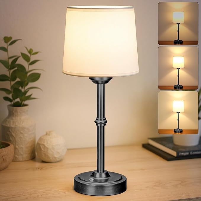 Cordless LED Table Lamp, Portable Fabric Shade Desk Lamp, 6000mAh Rechargeable Battery Operated Lighting, 3000K Warm Ambient Light for Restaurant/Bar/Bedroom/Beside/Nightstand, Black