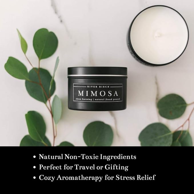River Birch Candles Mimosa Scented Candle | Premium, All-Natural, Non-Toxic, Soy Candles | 8 oz. Black Matte Tin Travel Candle | Cozy Relaxing Gifts for Home