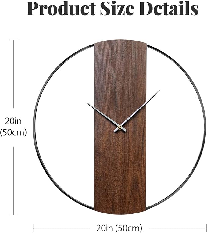 Wall Clock Decorative Modern Minimalist Wall Clocks for Living Room Decor, 20 Inch Silent Non Ticking Battery Operated Rustic Big Clock with Walnut Dial for Bedroom, Kitchen, Farmhouse, Office