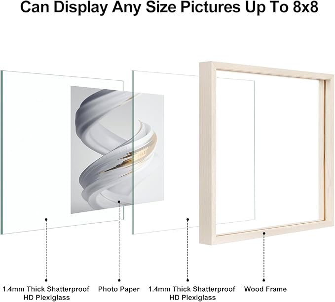 Egofine 8x8 Floating Frames Set of 2, Double Plexiglass Picture Frame, Made of Solid Wood Display Any Size Photo up to 8x8, Wall Mount or Tabletop Standing, Beige