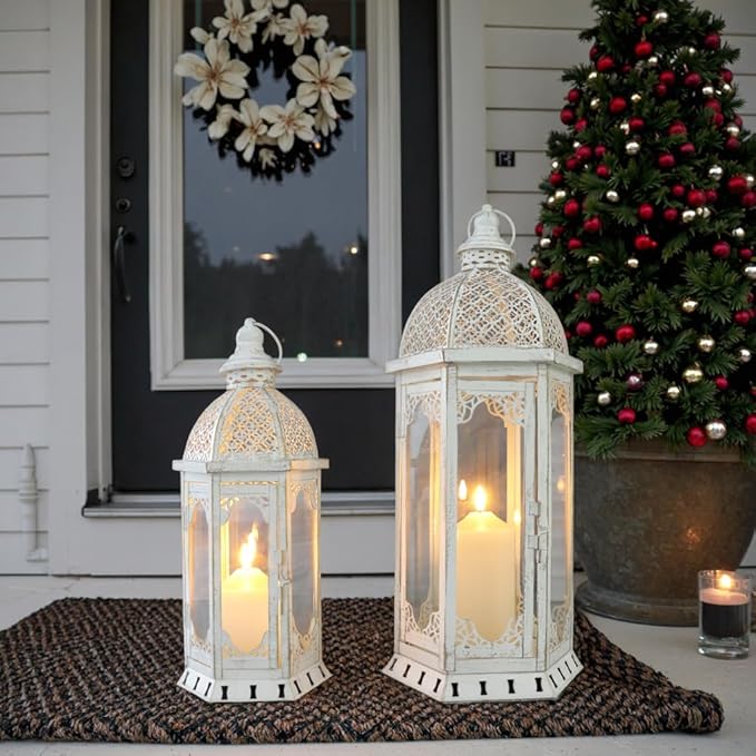 JHY DESIGN Set of 2 Decorative Candle Lanterns 22"&17" H Outdoor Vintage Metal Candle Holder for Garden Living Room Indoor Parties Weddings Patio Home Decor(White with Gold Brush)