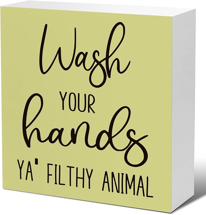 LVQHI Funny Bathroom Wood Block Signs,Wash Your Hands YA' Filthy Animal Wooden Box Sign for Bathroom Shelf Toilet Restroom Home Tabletop Desk Decor,Rustic Bathroom Sign Decor Green