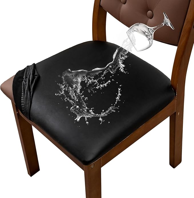 Seat Covers for Dining Room Chairs Set of 4 - PU Leather Removable Washable Chair Seat Slipcovers (Black, Small)